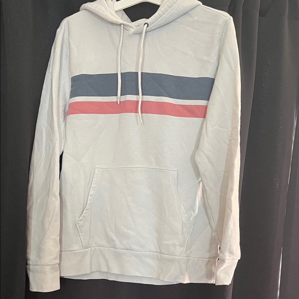 Men's White Hoodie with Blue and Pink Stripe